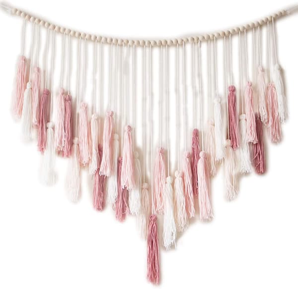 Macrame väggbonad - Stor macrame väggbonad med träpärlor - Bohemisk väggdekor för sovrum, vardagsrum och kök - Varm rosa
