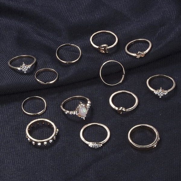 13 stk Ringer Gull Bohemian Ringer For Jenter Vintage Gem Krystallringer Joint Knot Ring Sets
