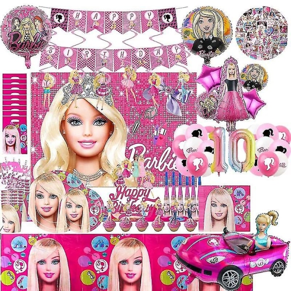 Barbie Födelsedagsfest dekorationer Glad Barbie Doll Princess Tema Porslin Festtillbehör Koppar Tallrikar Ballonger För Barn Flickor（12inch，1 set 1）