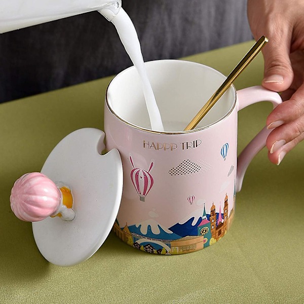 Dryckestillbehör 400ml 3D Tecknad Keramisk Kaffemugg Med Luftballonglock Och Guldsked Morgonmjölk Tekoppar Rosa Söt Kopp För Kvinnor Flickor Gi
