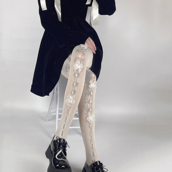 Naisten Lolita Maitovalkoinen verkkosukkahousut Harajuku Hollow Holes Makeat Käsintehdyt Mesh Kukka Läpinäkyvät Sukkahousut Sukat
