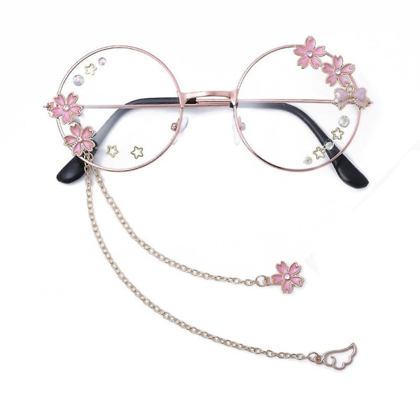 Kawaii glasögon med kedja Sakura Star Wing Decor Lolita Cosplay Tillbehör Söta runda glasögon Jk rekvisita