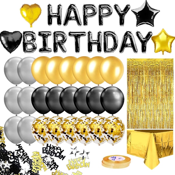 Svart guld födelsedagsfestdekoration, svart grattis på födelsedagen banderoll, gyllene fransgardin, folie bordsduk, hjärta stjärna konfetti ballonger, 10g bords kon