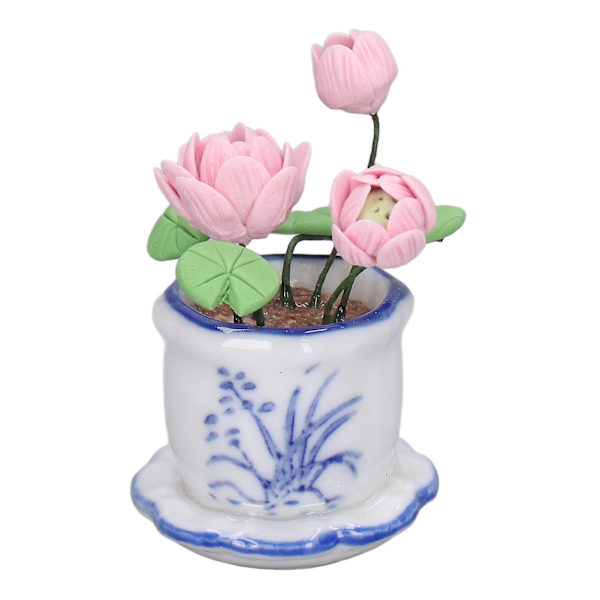 1:12 skala dockhuskruka med lotusblomma, miniatyrdekoration i harts, liten kruka med lotusblomma