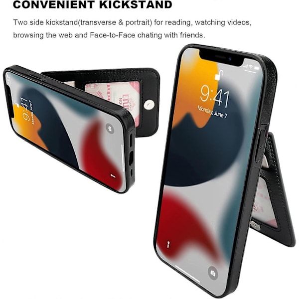 Telefon 13 Fodral Plånbok med Kortfack, Premium Läder Magnetisk Spänne Stativ Robust Skyddande Omslag för iPhone 13 6,1 tum (Svart)