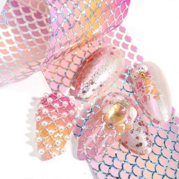 Mermaid Nagelfoljer Gradient Fiskfjäll Nagelkonst Dekaler Nageltillbehör Charms Holografiskt Limpapper Vågmönster för Akryl Naglar Manikyr Dekaler