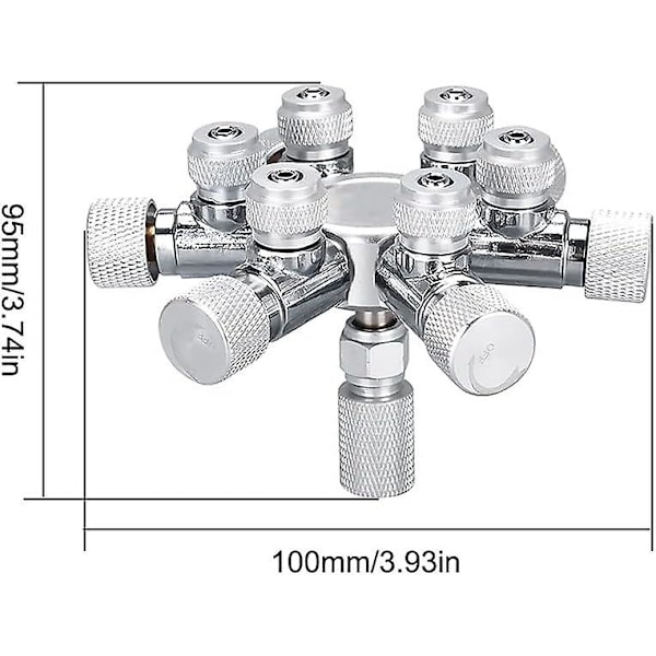 Akvarie CO2-delare, aluminiumlegering CO2-flödesfördelare med finjusteringsventil för 4x6 mm CO2-gasrör CO2-bubbelräknare（W02-06）