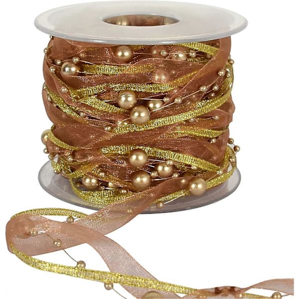 11 Yards Guld Pärlkedja Band Konstgjorda Pärlor Sträng Pärlor Transparent Chiffon Satin 3 Strängar Stil för Girlang Bröllop Fest Hantverk Dekoration Present W