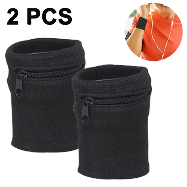 Sportarmband handledsväska dragkedja handled plånbok - Jogging tennis handled plånbok tjock enfärgad svettband plånbok för nycklar ID-kort 2-pack