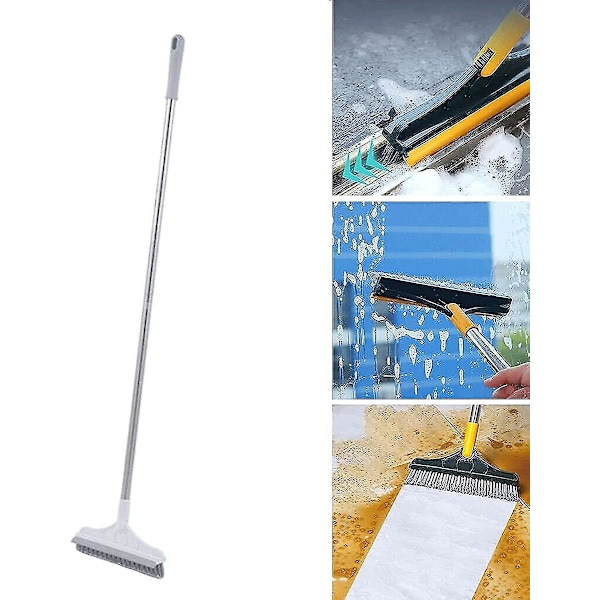2-i-1 Golvborste Skrubborste, Justerbar V-formad Rengöring Med Långt Handtag, Badrum Köks Springa Squeegee-Vit