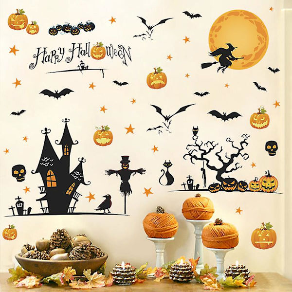 3D Halloween-ikkunatarrat seinätarrat, linnan kurpitsa noita Halloween-seinätarrat, Halloween-seinäkoriste pelottavat koristeet makuuhuoneeseen, Halloween Wi