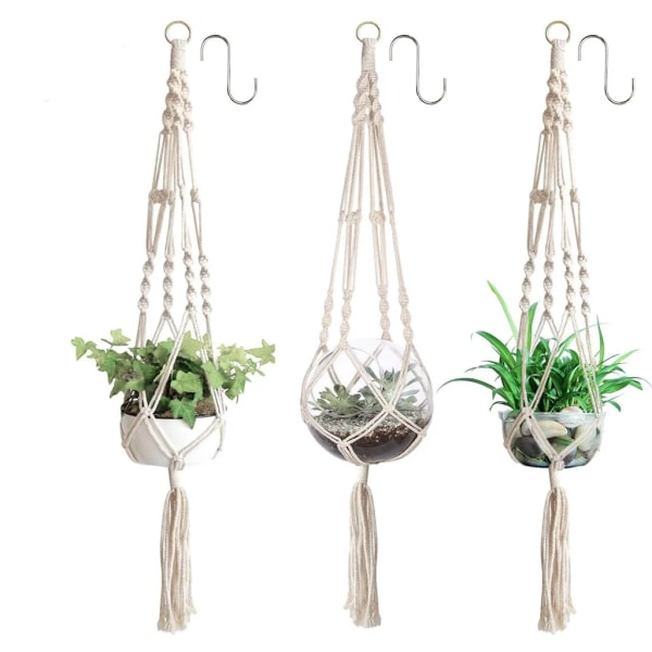 3 x Växt Hängare Makramé Planter Hängande Blomkruka med Bomullsrep Blomkruka Hängare Växthängare för Inomhus Utomhus Tak Balkong Vägg Dekoration