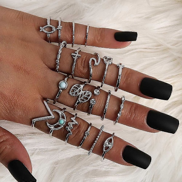 20-pack set med månringar för kvinnor, knogringar, silverbohemiska ringar, vintagekristallringar, knutringar, set för tonåringar, fest, Fesvital smycken, present