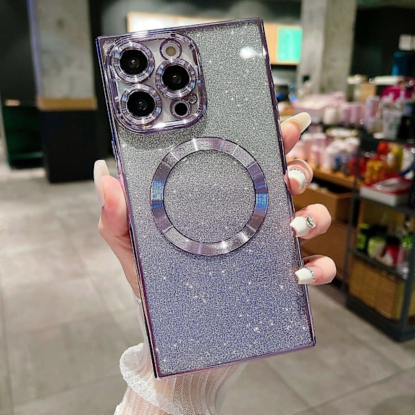 Fyrkantigt iPhone 15 Plus-fodral med glitter, magnetiskt, fullständigt kameraskydd, lyxig plätering, söt bling, klart, stötsäkert, tunt mobilfodral (ljuslila)