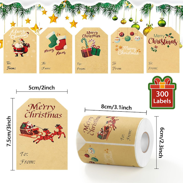 300 Etiketter Julegavemerker Klistremerker, Jul Kraft Gavemerker Klistremerker Navnelapp Etiketter, Selvklebende Julemerke for Kort Gaveesker (7,5*5cm)