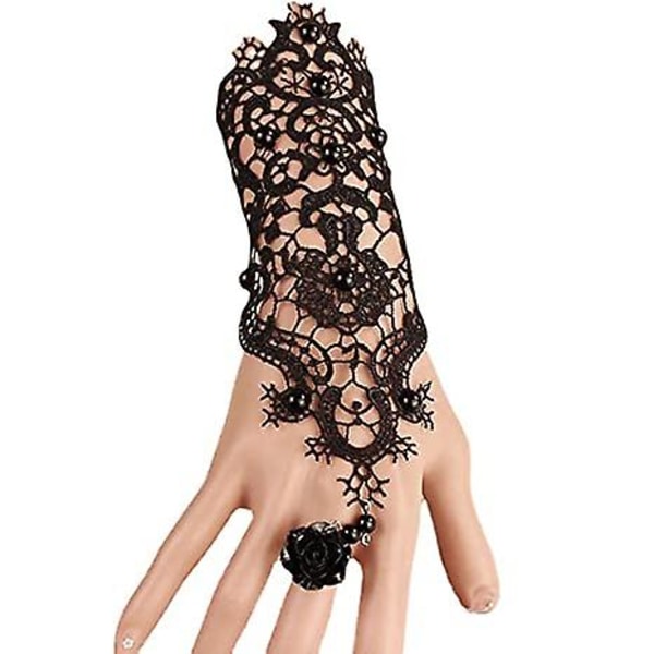 Halloween Svart Spetsarmband med Svart Blomring för Kvinnor Gotisk Lolita Svart Pärlhänge Armband för Dam Flickor Fest Semester(1Styck)