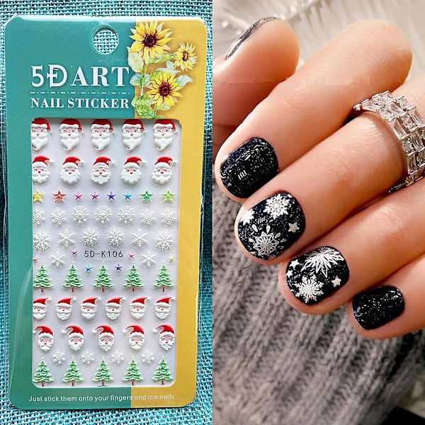 3 ark 5D Stereoskopisk Präglad Jul Nagelstickers Snöflinga Jultomte Snögubbe Nagel Dekaler Självhäftande Vinter