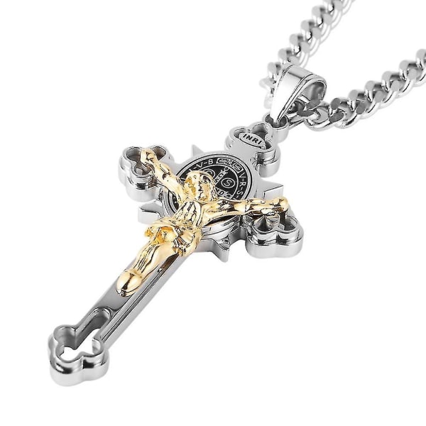 Vintage religiøst rustfritt stål Saint Benedict Jesus Crucifix Cross Pendant Halskjede For Menn Dame Charm smykker（sølv og gull）