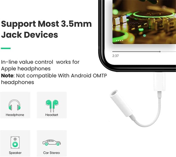 2-pak Lightning til 3,5 mm hovedtelefonstikadapter til iPhone, iPhone Aux-adapterkonverter Dongle-lydkabel kompatibel med iPhone