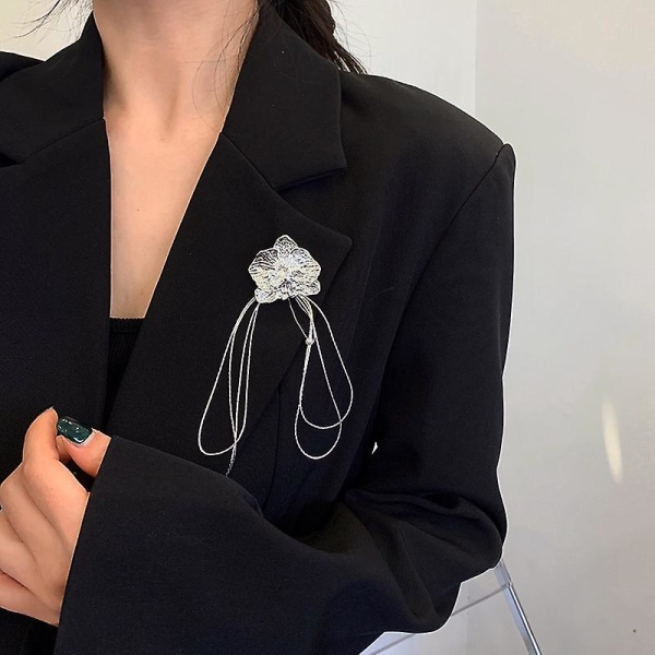 Metal Bow Brooch Sliver Flower Tassel Lapel Pins for Women Suit Pin