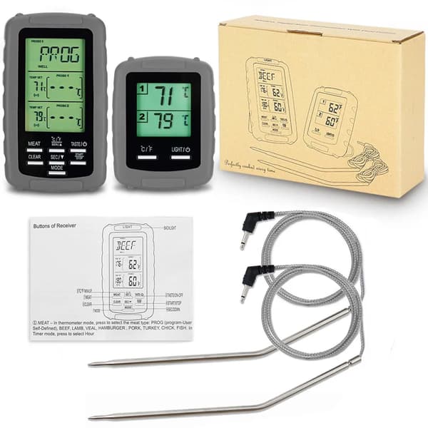 2PCS Trådlös Kötttermometer Mat Grill Termometer BBQ Grill Röktermometer Spis Digital Termometer med Dubbel Sond