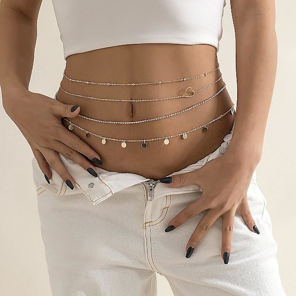 Magekjede Gull Perle Sommerfugl Midjekjede Måne Rhinestone Midjesmykker for Kvinner og Jenter