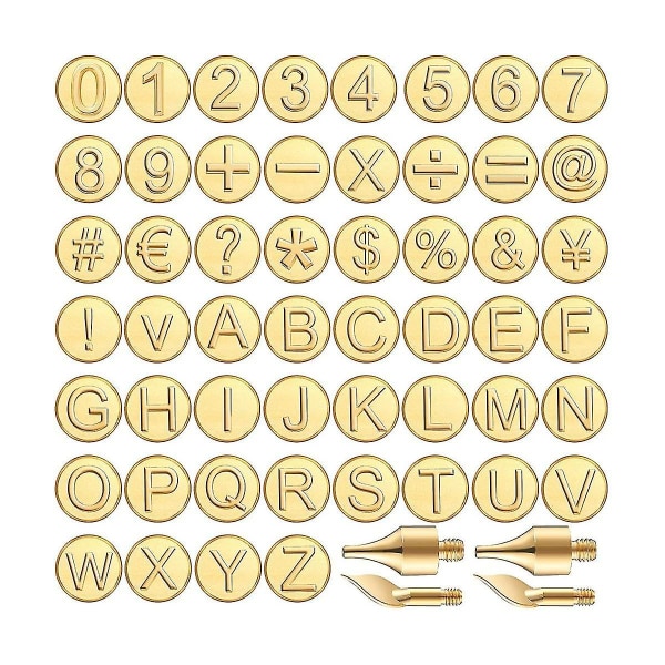 56 stykker træbrænderspids brev træbrænder spids sæt inklusive alfabetnummer til træhåndværk gør-det-selv（guld）