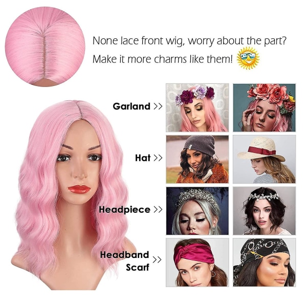 Ljusrosa peruk för kvinnor kort lockig vågig bob peruk 14 tum axellängd mittdel kort rosa peruk värmebeständig syntetisk fest kostym cosplay Wi