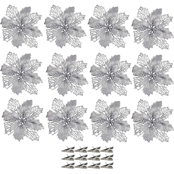 12 st julblommor stora (16 cm) Julstjärna glitterblomma med 12 klämmor julgran blomsterprydnader jul, silver