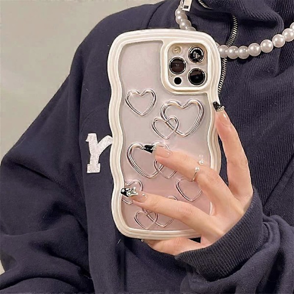 Söt Metall Hjärta Lockigt Vågmönster Transparent Mjukt iPhone-skal (Vit, iPhone 13 Pro Max)
