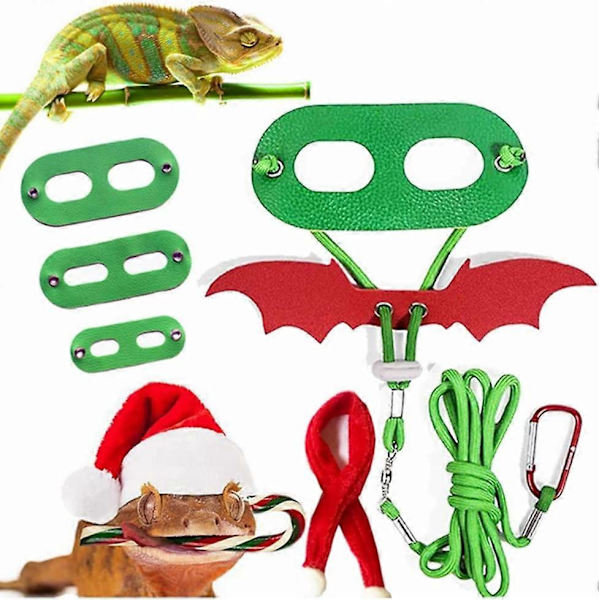 Julset för Skäggagam - Koppel och Vingar Sele, Röd och Grön Jul, Tomteluva och Halsduk Kostym Kläder Outfit för Reptil