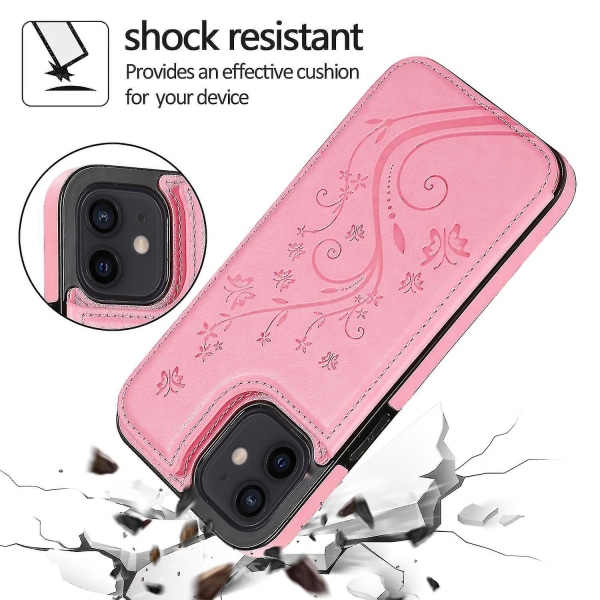 Case Iphone 12 Mini med kortholder Pu læder sommerfuglemønster (rød)