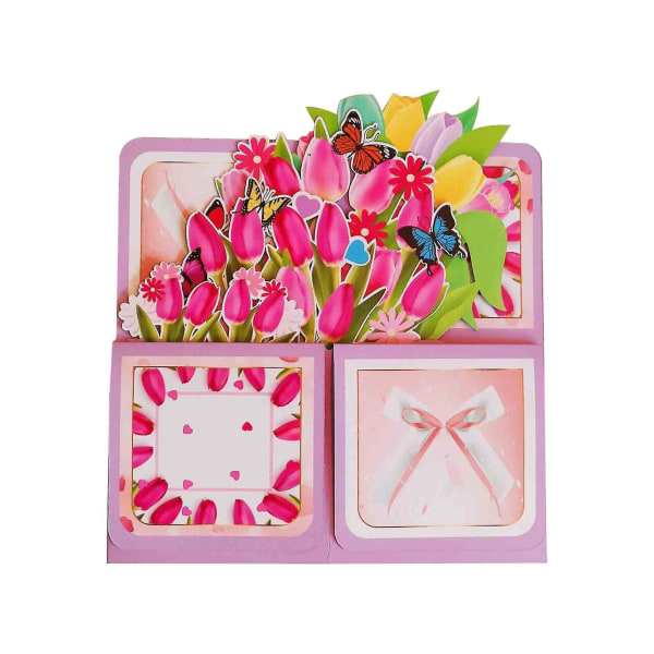 3D Pop Up Mothers Day Card, Pink Tulipaner, Fødselsdagskort