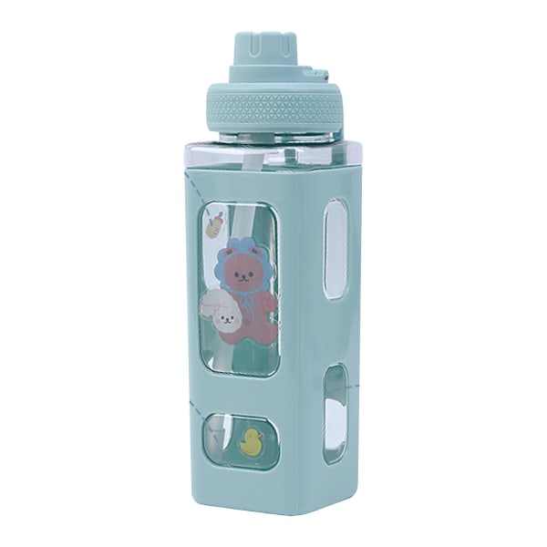 Vattenflaska med sugrör Sport Plast Bärbar fyrkantig dricksflaska för tjej Rosa 700ML（Grön）