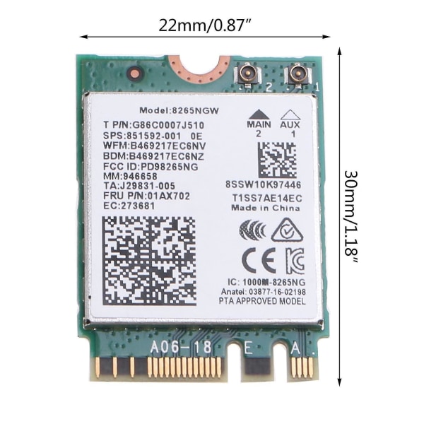 Kaksoiskaistainen 2,4 g/5 GHz:n WiFi Wlan Intel 8265ngw:lle Langaton-ac 8265 Ngff 802.11ac 867 mbps 2x2 Mu-mimo Wifi Bt 4.2 -kortti