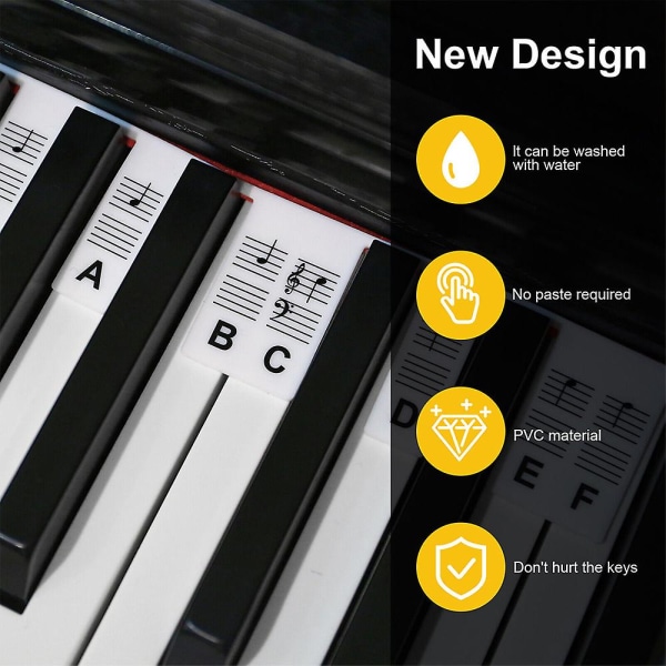 Aftagelige klaver keyboard node etiketter Genanvendelige silikone 88 tangenter klaver noder guide klistermærker (sort og hvid)