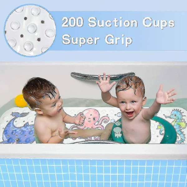 Sklisikker badematte 100x40cm, Anti-skli badekarmatte med 200 sugekopper pvc-materiale, dusjmatte med tegneserie sjødyr for barn og baby
