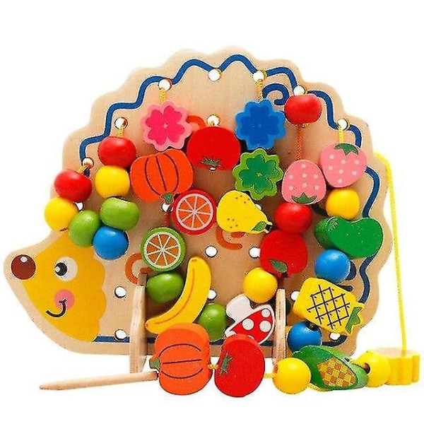 Träleksak Frukt Grönsaker Snörning Snörpärlor Leksaker Med Hedgehog Board Pedagogisk Leksak 82st|