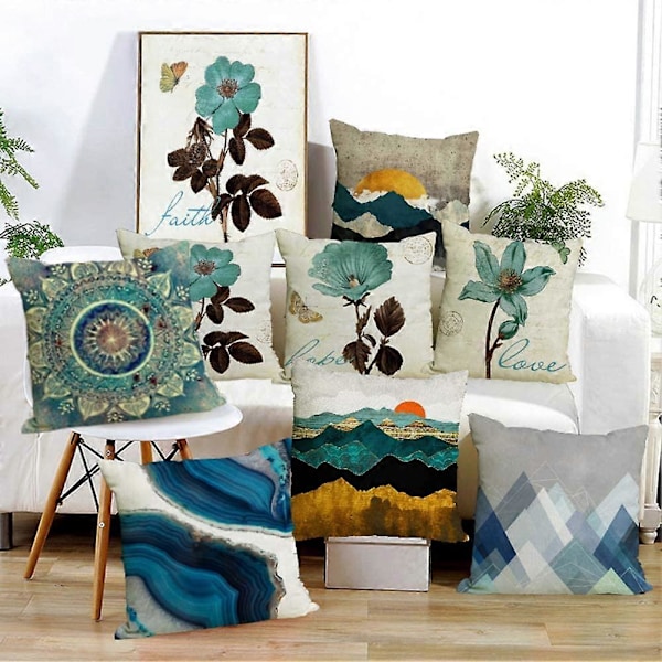 Dekorativa Kuddfodral Vattentäta 45 x 45, 4-pack Utomhus Inomhus Kuddfodral, Geometriska Blå Kuddfodral Teal för Bänk Soffa Vardagsrum Deco