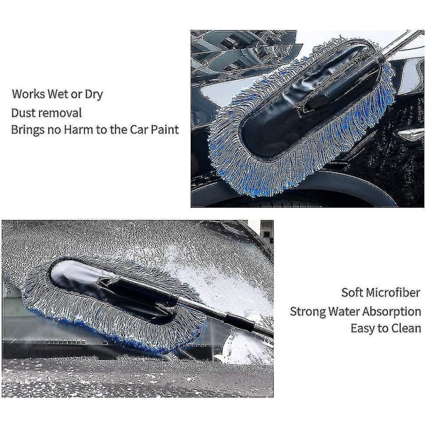Microfiber Car Duster Wash Mopp med uttrekkbart håndtak for eksteriør og interiør, lofri Ripefri rengjøringsbørste rengjøringsverktøy (blå)