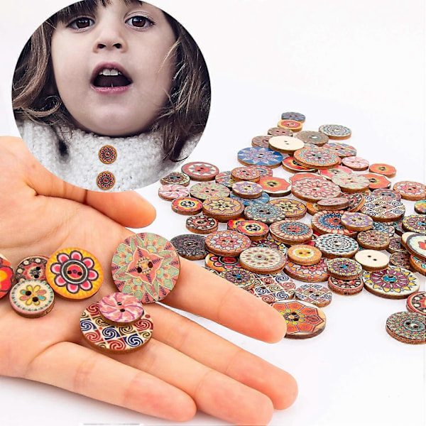 100 st Blandade Slumpmässiga Blommiga Rundformade Trämönsterknappar i Retro Stil, Assorterade Färger för Sömnad, Hantverk, DIY (15mm, 20mm, 25mm)
