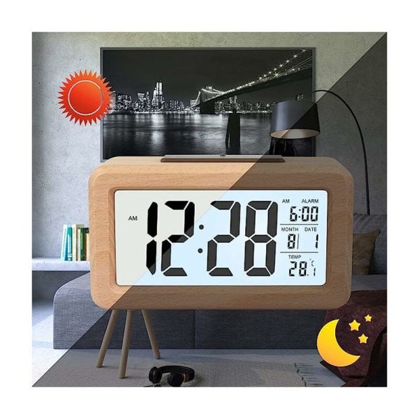 Enkelt set digital väckarklocka i trä med temperatur, digitalt alarm, datum, bakgrundsbelysning, snooze, lämplig för sovrum, säng, hem, kontor, ingen bock