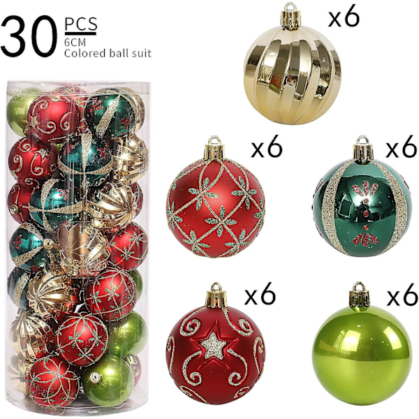 Julgranspynt, 30-pack Julgranskulor Dekorationssats 2,36 tum Röd Grön Och Guld Julgranskulor Oförstörbara Hängande Julgranspyntssats