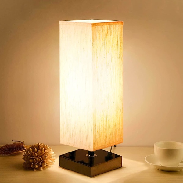 Liten bordslampa för sovrum - Minimalistisk Nattbordslampa i massivt trä med fyrkantig tygskärm