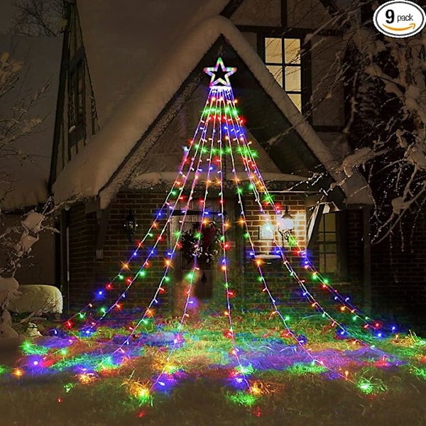 Julepynt Udendørs Stjernelys, 317 LED 10ft X 9 Vandfald 8 Lystilstande til Havehaveferie Dekoration (Flerfarvet, Fjernbetjening)