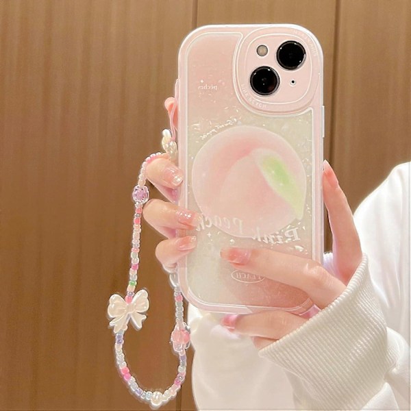 iPhone 13-fodral med kedja och söt rosett-hjärta armband för kvinnor och flickor, mjuk TPU stötsäker cover - Peach