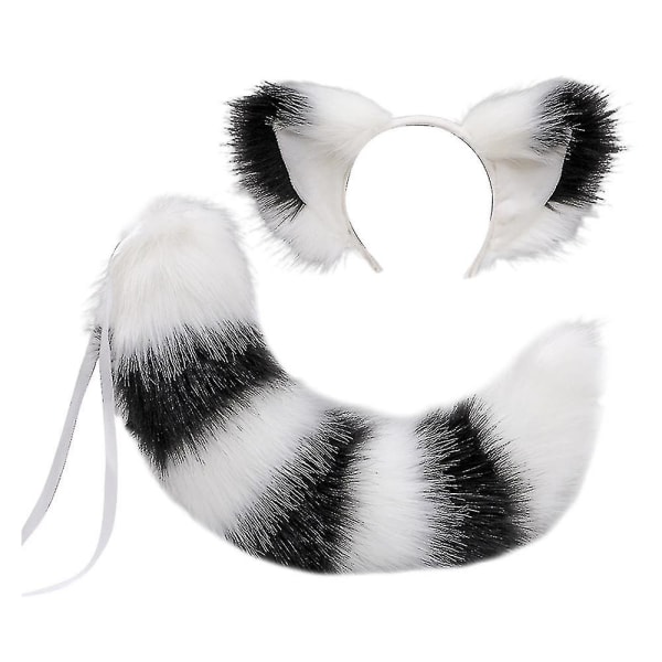 Revehale og ører, halesett for kattulv vaskebjørnører, lodne hale, ører pannebånd, halloween julekostyme (hvit svart)