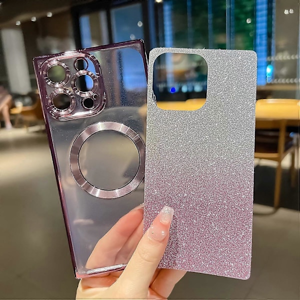 Fyrkantigt iPhone 15 Pro Max-fodral med glitter, magnetiskt, kompatibel, fullständigt kameraskydd, lyxig plätering, söt, transparent, stötsäker, tunt mobilfodral (lila)