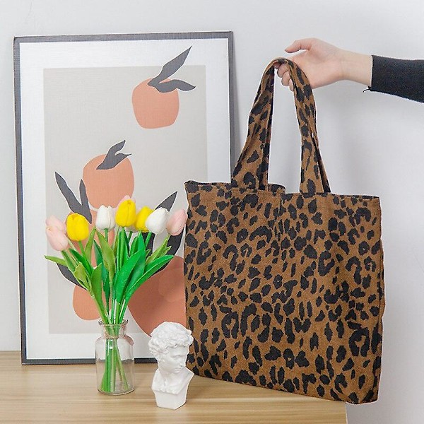 Handväska Corduroy Leopard Print Väska Dam Axelväska Casual Tote Shoppingväska Stor Kapacitet Handväskor Tote Väskor Dam Handväskor (Leopard En Axel)