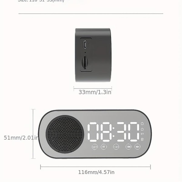 Smart Bluetooth högtalare Bluetooth ljudgåvaväckarklocka Spegelklocka Ljud liten högtalare（svart）